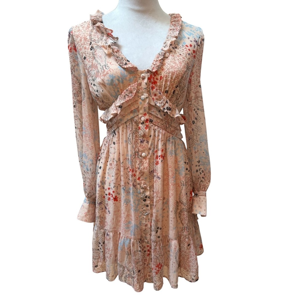 Reserved Floral Patchwork Ruffle Mini‎ Dress Peach Boho Smocked Waist  UK 8 US 6